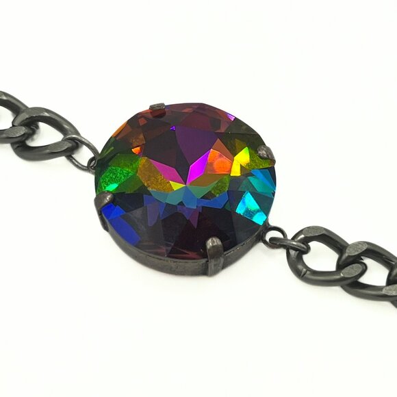 Handcrafted Large Rainbow Swarovski Crystal Dark Silver Chunky Chain Bracelet - Picture 4 of 13
